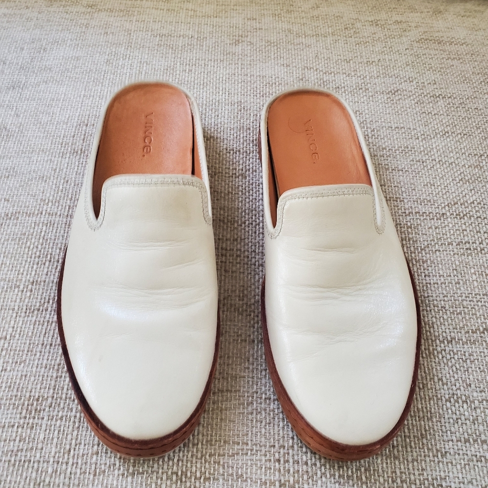 Vince White and Tan Leather-Trim Slip-On Mules - Picture 6 of 16